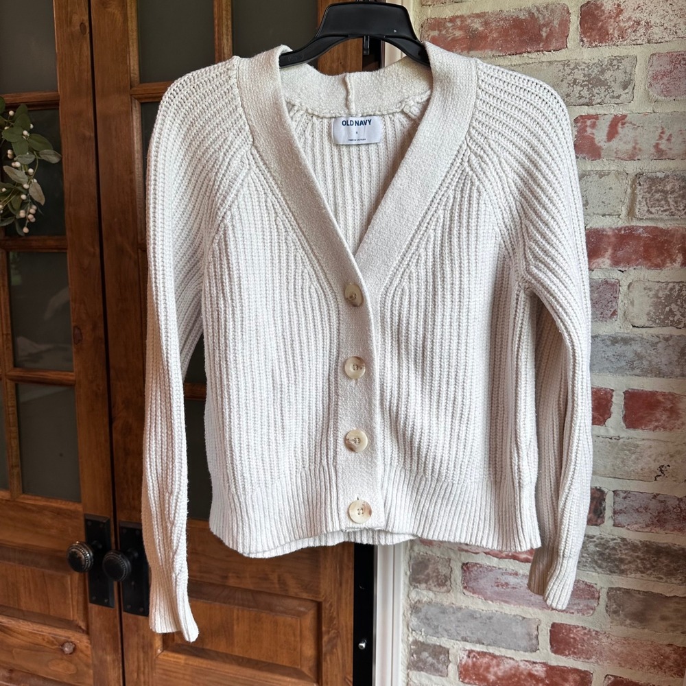 Old Navy Cardigan Women White Shaker Ribbed Knit Button Up Chunky Sweater S